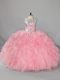 Organza Scoop Sleeveless Lace Up Beading and Ruffles Vestidos de Quinceanera in Pink