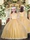 Gold Ball Gowns Scoop Sleeveless Tulle Floor Length Zipper Appliques Pageant Dress for Teens