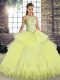 Clearance Sleeveless Tulle Floor Length Lace Up Vestidos de Quinceanera in Yellow with Lace and Embroidery and Ruffles
