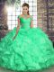 Top Selling Floor Length Lace Up 15th Birthday Dress Turquoise for Military Ball and Sweet 16 and Quinceanera with Beading and Ruffles