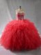 Fashion Sleeveless Tulle Floor Length Lace Up Sweet 16 Quinceanera Dress in Wine Red with Beading and Ruffles