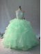 Sleeveless Organza Floor Length Backless Sweet 16 Dress in Apple Green with Beading and Ruffles