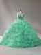 Elegant Apple Green Organza Lace Up Halter Top Sleeveless 15th Birthday Dress Court Train Beading and Pick Ups
