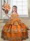 Orange Lace Up Little Girl Pageant Gowns Embroidery and Ruffled Layers Sleeveless Floor Length