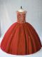 Latest Sleeveless Tulle Floor Length Lace Up Quince Ball Gowns in Rust Red with Beading