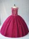 Burgundy Tulle Lace Up Quinceanera Dress Sleeveless Floor Length Beading