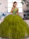 Olive Green Ball Gowns Scoop Sleeveless Organza Floor Length Zipper Beading and Ruffles 15 Quinceanera Dress