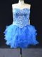 Shining Sleeveless Mini Length Beading and Ruffles Lace Up Prom Party Dress with Blue