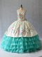 Fashionable Aqua Blue Sweetheart Lace Up Embroidery and Ruffled Layers Quince Ball Gowns Sleeveless