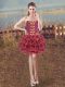 Burgundy Ball Gowns Embroidery and Ruffles Homecoming Dress Lace Up Organza Sleeveless Mini Length