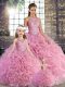 Shining Rose Pink Ball Gowns Beading 15 Quinceanera Dress Lace Up Fabric With Rolling Flowers Sleeveless Floor Length