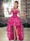 Luxurious Fuchsia Organza Lace Up Pageant Dress for Womens Sleeveless High Low Beading and Ruffles