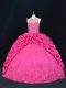 Chic Hot Pink Ball Gowns Halter Top Sleeveless Taffeta Lace Up Beading and Appliques and Embroidery and Pick Ups 15 Quinceanera Dress