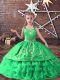 Hot Sale Sleeveless Floor Length Embroidery and Ruffled Layers Lace Up Kids Formal Wear with Green