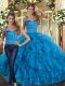 Flare Floor Length Two Pieces Sleeveless Blue Quinceanera Dresses Lace Up