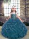 Blue Straps Lace Up Beading and Ruffles Pageant Gowns For Girls Sleeveless