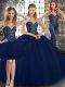 Navy Blue Tulle Lace Up Sweet 16 Quinceanera Dress Sleeveless Floor Length Beading