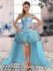 Modest Light Blue Ball Gown Prom Dress Prom and Party with Beading and Ruffles Off The Shoulder Sleeveless Lace Up