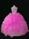 Fine Floor Length Zipper Sweet 16 Dresses Rose Pink for Sweet 16 and Quinceanera with Beading and Ruffles and Pick Ups