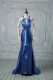 Brush Train Mermaid Prom Dresses Blue Halter Top Elastic Woven Satin Sleeveless Criss Cross