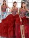 Romantic Wine Red Sleeveless Brush Train Beading and Pick Ups Quince Ball Gowns