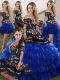 Sleeveless Organza Floor Length Lace Up Quinceanera Gown in Blue And Black with Embroidery and Ruffled Layers