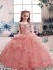 Pink Tulle Lace Up Scoop Sleeveless Floor Length Little Girls Pageant Dress Wholesale Beading and Ruffles
