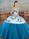 Flare Blue And White Ball Gowns Tulle Sweetheart Sleeveless Embroidery and Bowknot Floor Length Lace Up Sweet 16 Dress