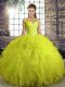 Exquisite Yellow Green Off The Shoulder Lace Up Beading and Ruffles Sweet 16 Quinceanera Dress Sleeveless