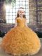 Customized Ball Gowns Winning Pageant Gowns Gold Straps Fabric With Rolling Flowers Sleeveless Floor Length Lace Up