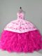 Noble Hot Pink Organza Lace Up Halter Top Sleeveless Sweet 16 Quinceanera Dress Court Train Embroidery and Ruffles