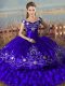 Purple Off The Shoulder Lace Up Embroidery and Ruffled Layers Ball Gown Prom Dress Sleeveless