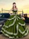 Custom Design Sleeveless Taffeta Floor Length Lace Up Quinceanera Gown in Olive Green with Embroidery and Ruffled Layers