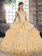 Ball Gowns 15 Quinceanera Dress Champagne Scoop Tulle Sleeveless Floor Length Lace Up