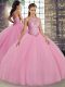 Sophisticated Pink Ball Gowns Scoop Sleeveless Tulle Floor Length Lace Up Embroidery Sweet 16 Dress