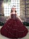 Sleeveless Tulle Floor Length Lace Up Kids Formal Wear in Burgundy with Beading and Ruffled Layers