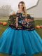 Blue And Black Ball Gowns Embroidery Sweet 16 Quinceanera Dress Lace Up Tulle Sleeveless Floor Length