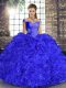 Glorious Royal Blue Ball Gowns Off The Shoulder Sleeveless Organza Floor Length Lace Up Beading and Ruffles Sweet 16 Quinceanera Dress