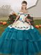 Trendy Teal Lace Up 15 Quinceanera Dress Embroidery and Ruffled Layers Sleeveless Brush Train