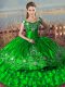 Green Satin Lace Up 15th Birthday Dress Sleeveless Floor Length Embroidery and Ruffled Layers