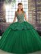 Floor Length Lace Up 15th Birthday Dress Green for Military Ball and Sweet 16 and Quinceanera with Beading and Appliques