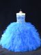 Enchanting Blue Ball Gowns Organza Sweetheart Sleeveless Beading and Ruffles Floor Length Lace Up Sweet 16 Dresses