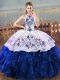 Blue And White Halter Top Lace Up Embroidery and Ruffles Sweet 16 Dresses Sleeveless