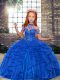 Beading and Ruffles Kids Pageant Dress Blue Lace Up Sleeveless Floor Length