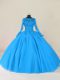 Blue Tulle Zipper Scalloped Long Sleeves Floor Length Quinceanera Dress Lace and Appliques
