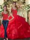 Floor Length Red Quince Ball Gowns Tulle Sleeveless Ruffles