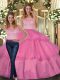 Fantastic Hot Pink Quinceanera Dress Military Ball and Sweet 16 and Quinceanera with Lace and Ruffled Layers Scoop Sleeveless Lace Up