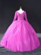 Long Sleeves Floor Length Lace and Appliques Lace Up Quinceanera Gowns with Fuchsia