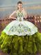 High Class Olive Green Ball Gowns Organza Halter Top Sleeveless Embroidery and Ruffles Floor Length Lace Up Sweet 16 Quinceanera Dress