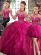 Ideal Halter Top Sleeveless Lace Up 15th Birthday Dress Fuchsia Tulle